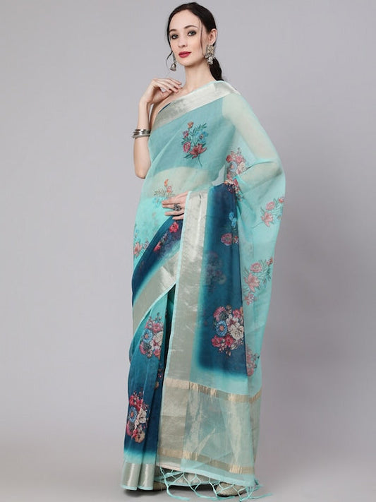 AKS Floral Printed Zari Saree
