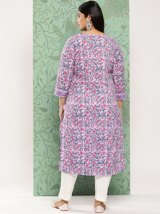 Yufta Plus Size Floral Printed Pure Cotton Kurta