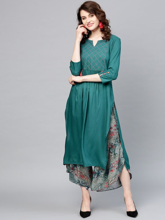 Yufta Women Teal Blue & Grey Solid Kurta with Sharara