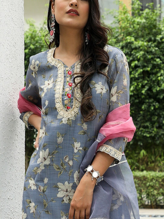 AKS Couture Floral Printed Chanderi Silk Straight Kurta with Palazzos & Dupatta