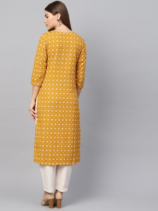 Yufta Women Mustard Yellow & Off-White Block Print Kurta with Trousers