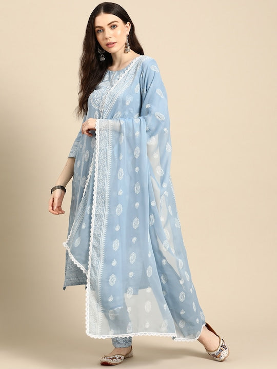 Anouk Floral Foil Printed Regular Kurta With Trousers & Dupatta