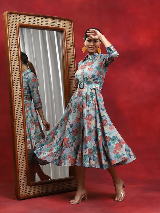 AKS Shirt Collar Floral Printed Belted Cotton Fit & Flare Midi Dress