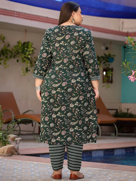 Yufta Plus Size Floral Printed Pure Cotton Straight Kurta & Trousers With Dupatta
