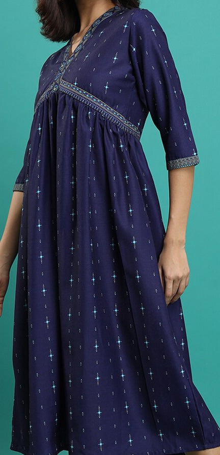 Vishudh Blue Ethnic Motif Printed Empire Midi Dress