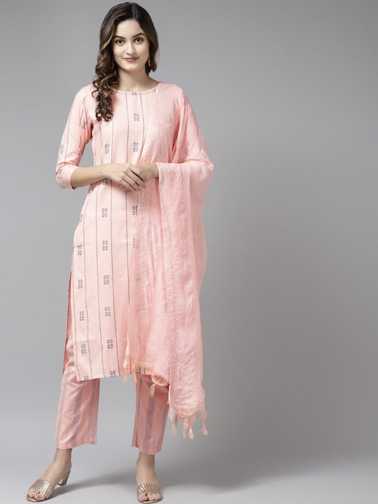 Yufta Peach Ethnic Motifs Printed Regular Kurta With Trousers & Dupatta