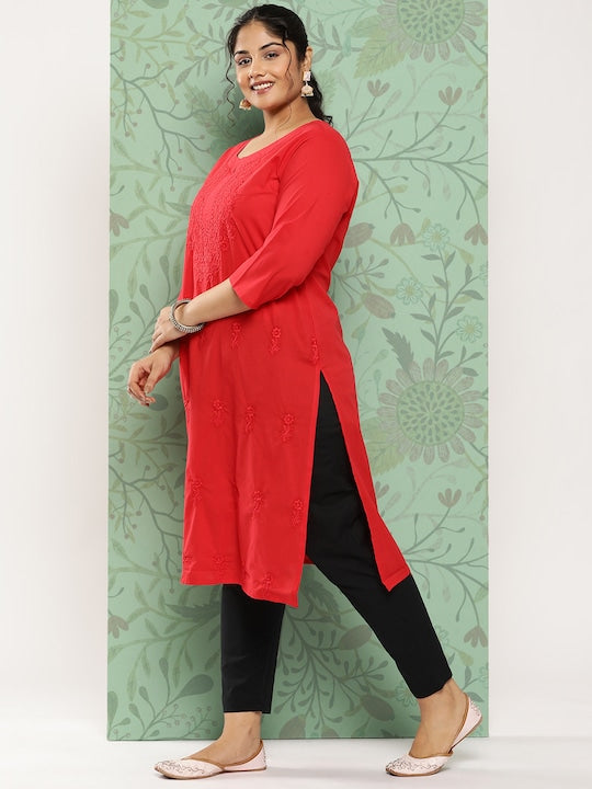 Yufta Women Plus Size Floral Embroidered Straight Kurta Red
