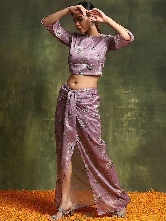 AKS Floral Printed Crop Top With Slit Maxi Skirt