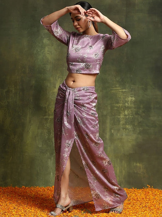 AKS Floral Printed Crop Top With Slit Maxi Skirt