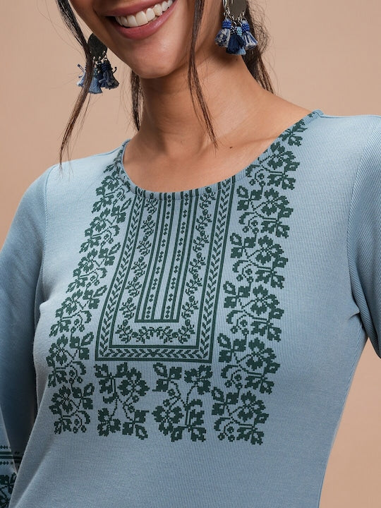 Vishudh Floral Printed Puff Sleeves Straight Kurta