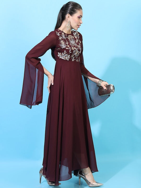 Vishudh Maroon Floral Maxi Dress