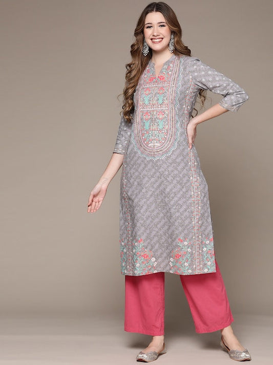 Anubhutee Women Grey Floral Printed Thread Work Floral Kurta