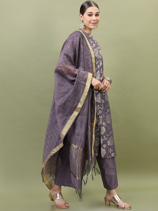 Vishudh Women Purple Floral Printed Kurta with Trousers & With Dupatta