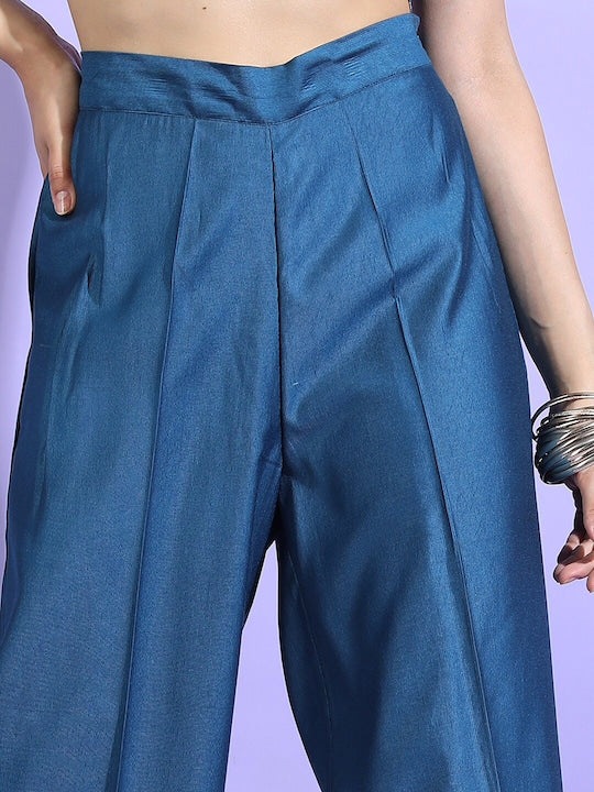 Vishudh Women Teal Ethnic Motifs Chanderi Cotton Kurta with Trousers & With Dupatta