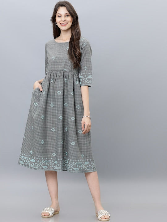 Vishudh Women Grey Printed A-Line Ethnic Dress