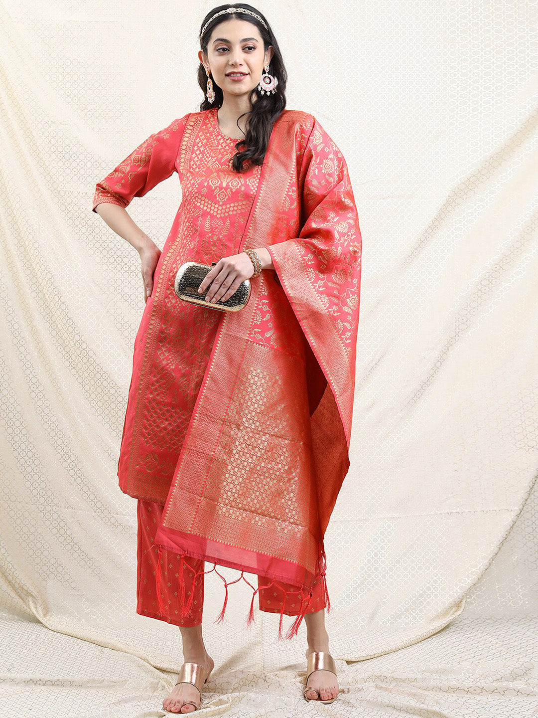 Vishudh Women Poly Brocade Ethnic Motifs Kurta with Trousers & Dupatta