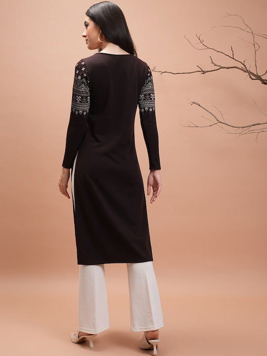 Vishudh Brown Geometric Printed Long Sleeves Straight Kurta