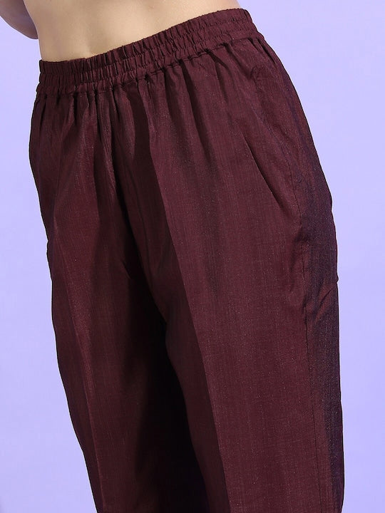 Vishudh Women Burgundy Ethnic Motifs Viscose Rayon Kurta with Trouser & Dupatta