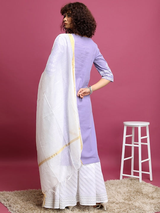Vishudh Mauve Ethnic Motifs Printed Round Neck Pure Cotton Kurta With Skirt & Dupatta