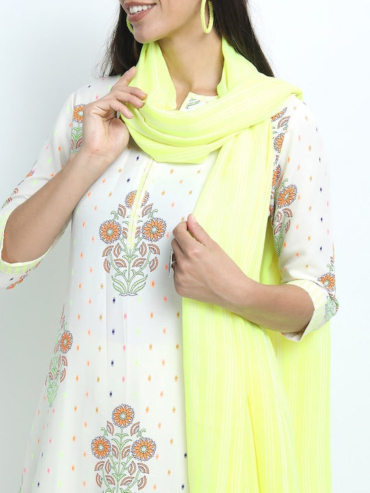 Vishudh Women Off White & Green Floral Printed Kurta with Palazzos & Dupatta