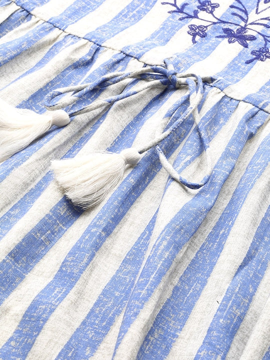 All about you White & Blue Striped Flared Sleeve A-Line Midi Dress