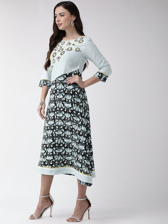 All about you Blue & Black Printed A-Line Midi Dress