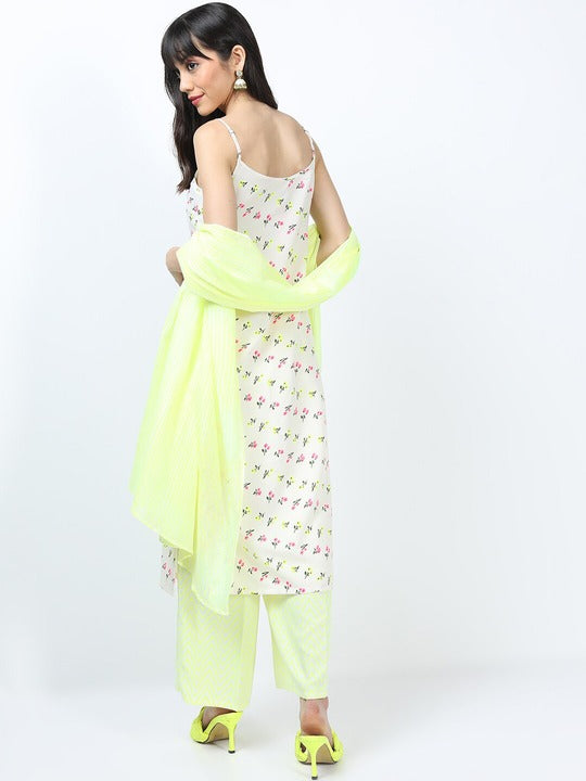 Vishudh Women Off White Floral Printed Kurti with Palazzos With Dupatta