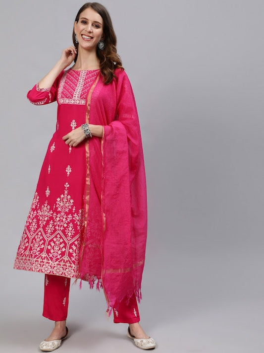Anubhutee Women Pink Ethnic Motifs Printed Regular Kurta with Trousers & With Dupatta