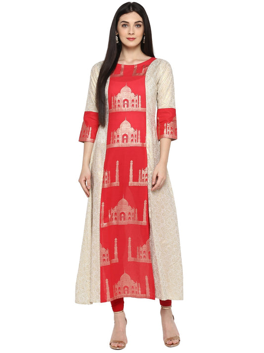 Ahalyaa Off White & Red Kurta with Taj Mahal Print and Brocade Look