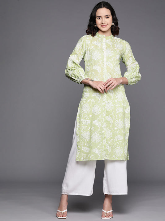 Ahalyaa Floral Printed Zari Mandarin Collar Puff Sleeves Pure Cotton Kurta