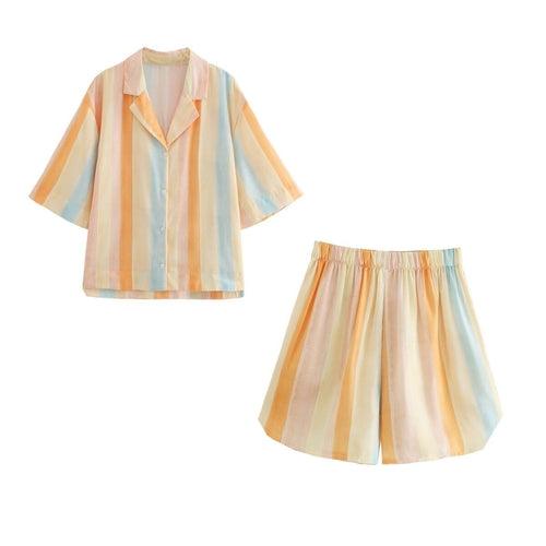 Yellow Loose Striped Shirts Summer Short Sleeve Tops and Shorts - zoter Shop