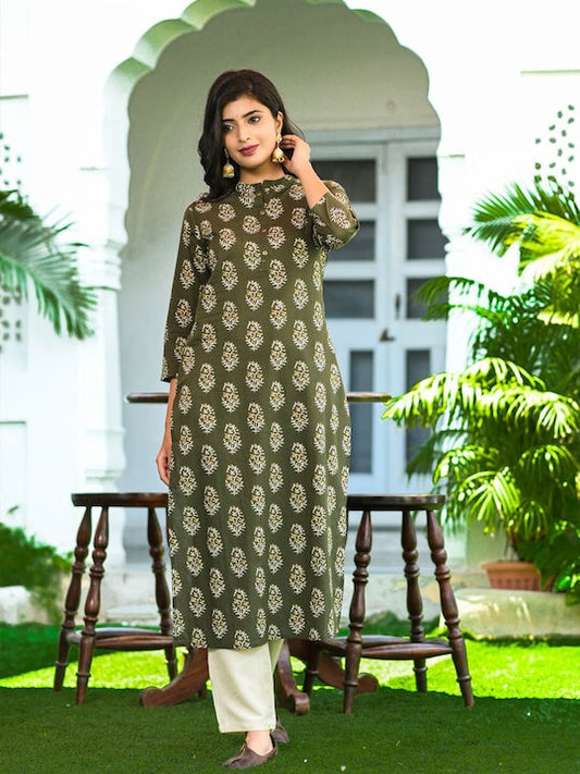Yufta Women Green Ethnic Motifs Printed Pure Cotton Kurta with off White Solid Palazzos