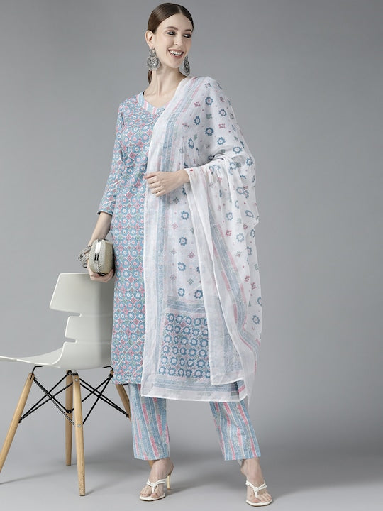 Yufta Women Blue Ethnic Motifs Printed Gotta Patti Pure Cotton Kurta with Trousers & With Dupatta