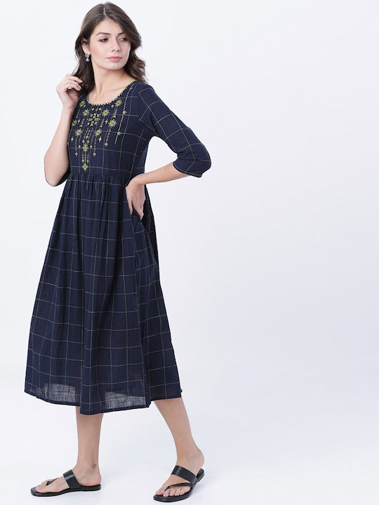 Vishudh Women Navy Blue Checked Empire Dress