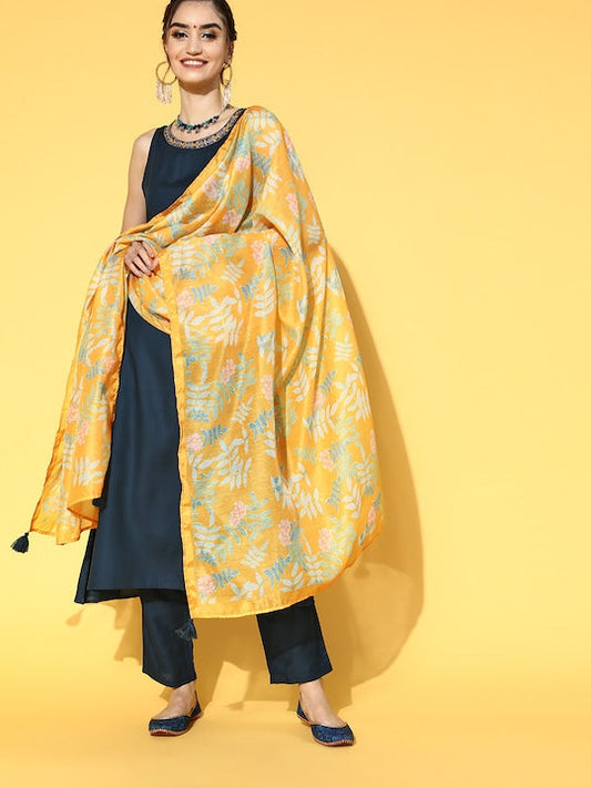 Yufta Women Navy Blue Solid Thread Work Kurta with Trousers & With Digital Print Dupatta - XXL