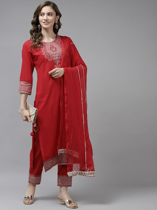 Yufta Women Red Ethnic Motifs Yoke Design Sequinned Cotton Kurta with Trousers & Dupatta