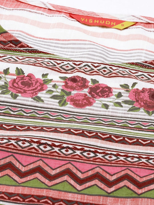 Vishudh Women Cream and Pink Striped Pure Cotton Kurta with Trousers