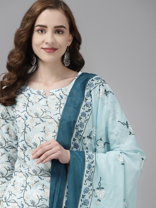 Yufta Women Blue & White Floral Printed Pure Cotton Kurta with Trousers & Dupatta