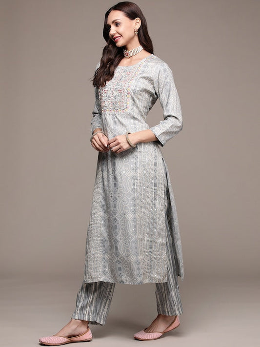 Anubhutee Women Grey Bandhani Printed Kurta with Trousers