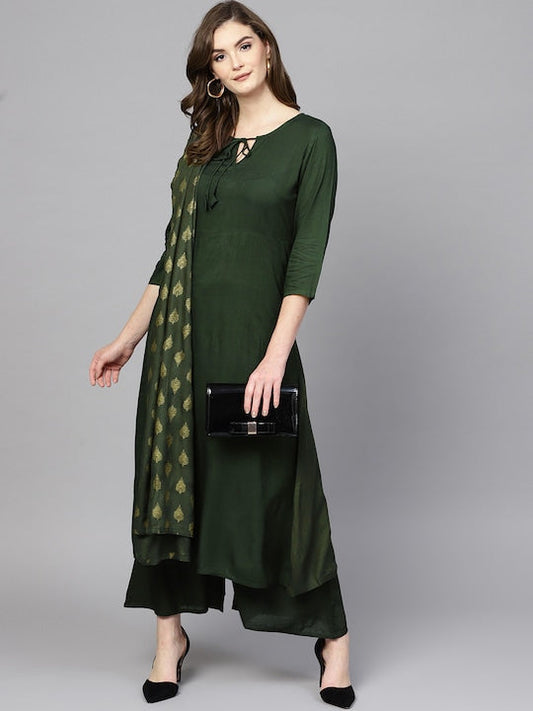 Yufta Women Green Solid Kurta with Palazzos & Dupatta Green