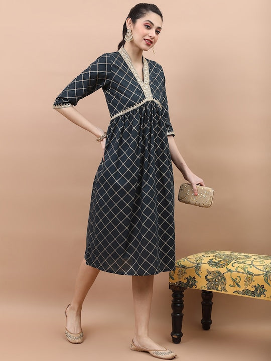 Vishudh Checked Gathers & Pleated A-Line Midi Ethnic Dress