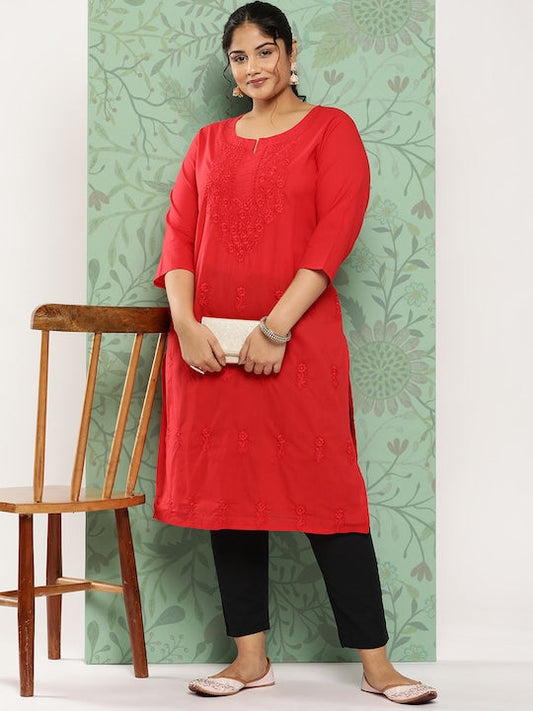 Yufta Women Plus Size Floral Embroidered Straight Kurta Red