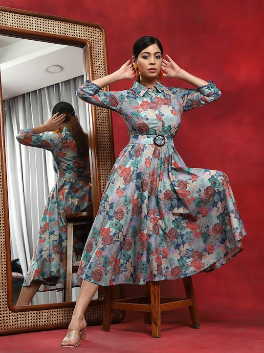 AKS Shirt Collar Floral Printed Belted Cotton Fit & Flare Midi Dress