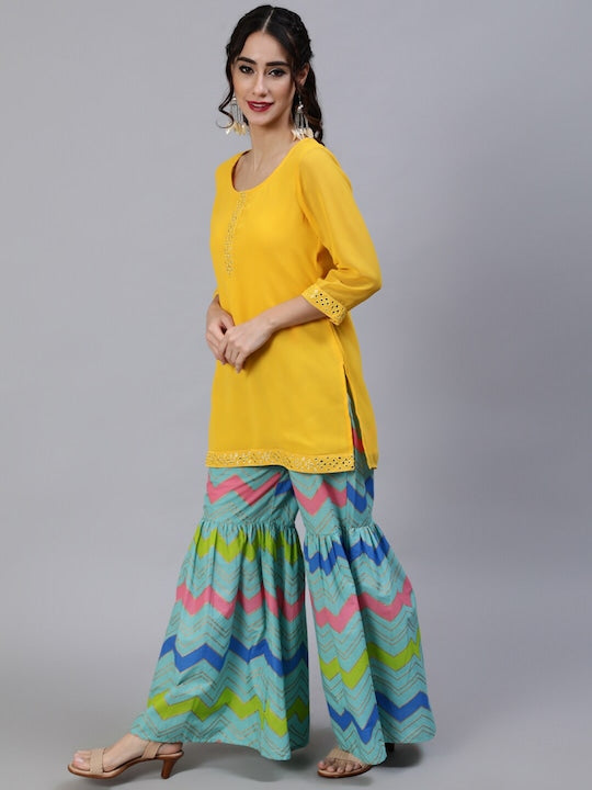 AKS Leheriya Printed Mirror Work Georgette Straight Kurta With Sharara & Dupatta