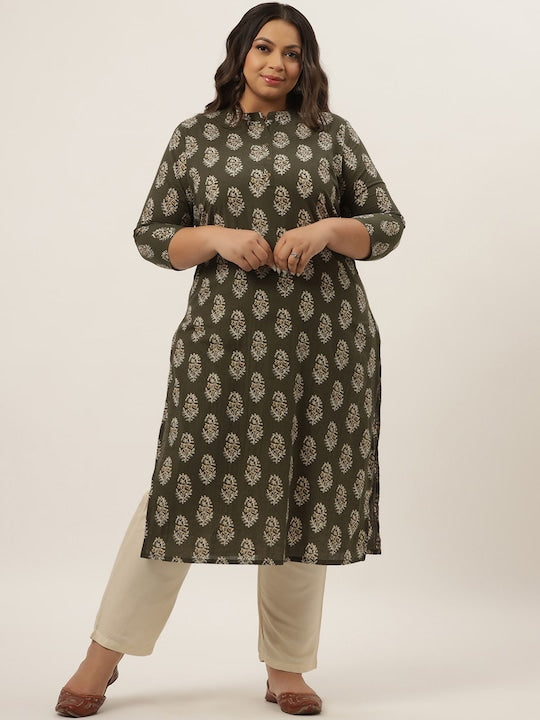 Yufta Women Olive Green Ethnic Motifs Layered Pure Cotton Kurti with Trousers