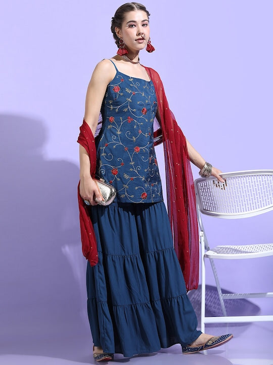 Vishudh Women Teal Blue & Red Floral Kurta with Trouser & Dupatta