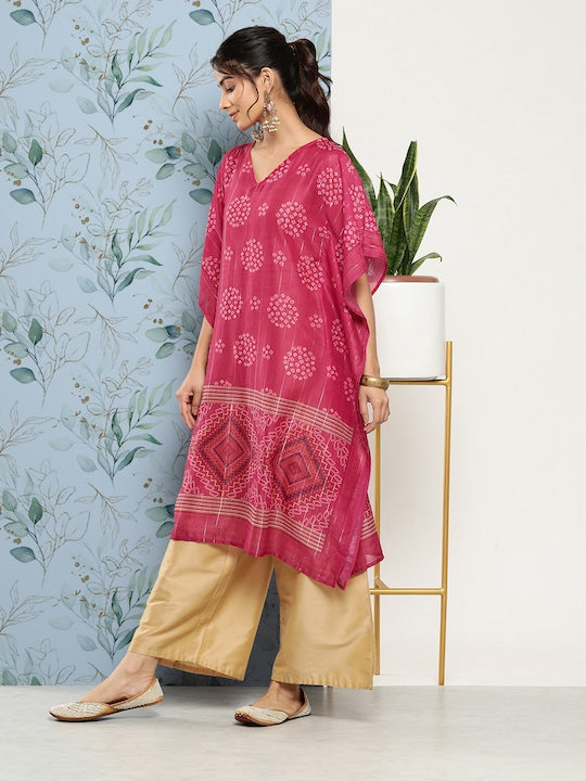 Yufta Women Bandhani Printed Flared Sleeves Kaftan Kurta