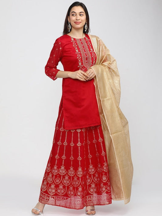 Vishudh Women Red Embroidered Regular Kurti with Skirt & With Dupatta