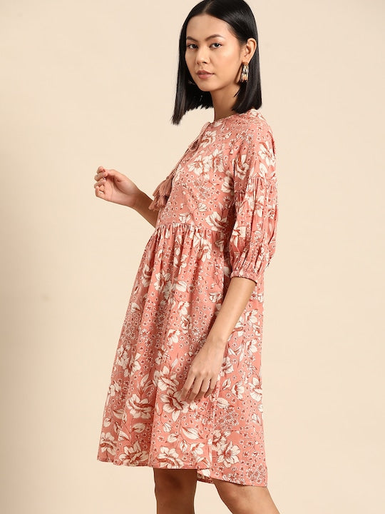 All about you Pure Cotton Floral Print Tie-Up Neck Puff Sleeve A-Line Dress