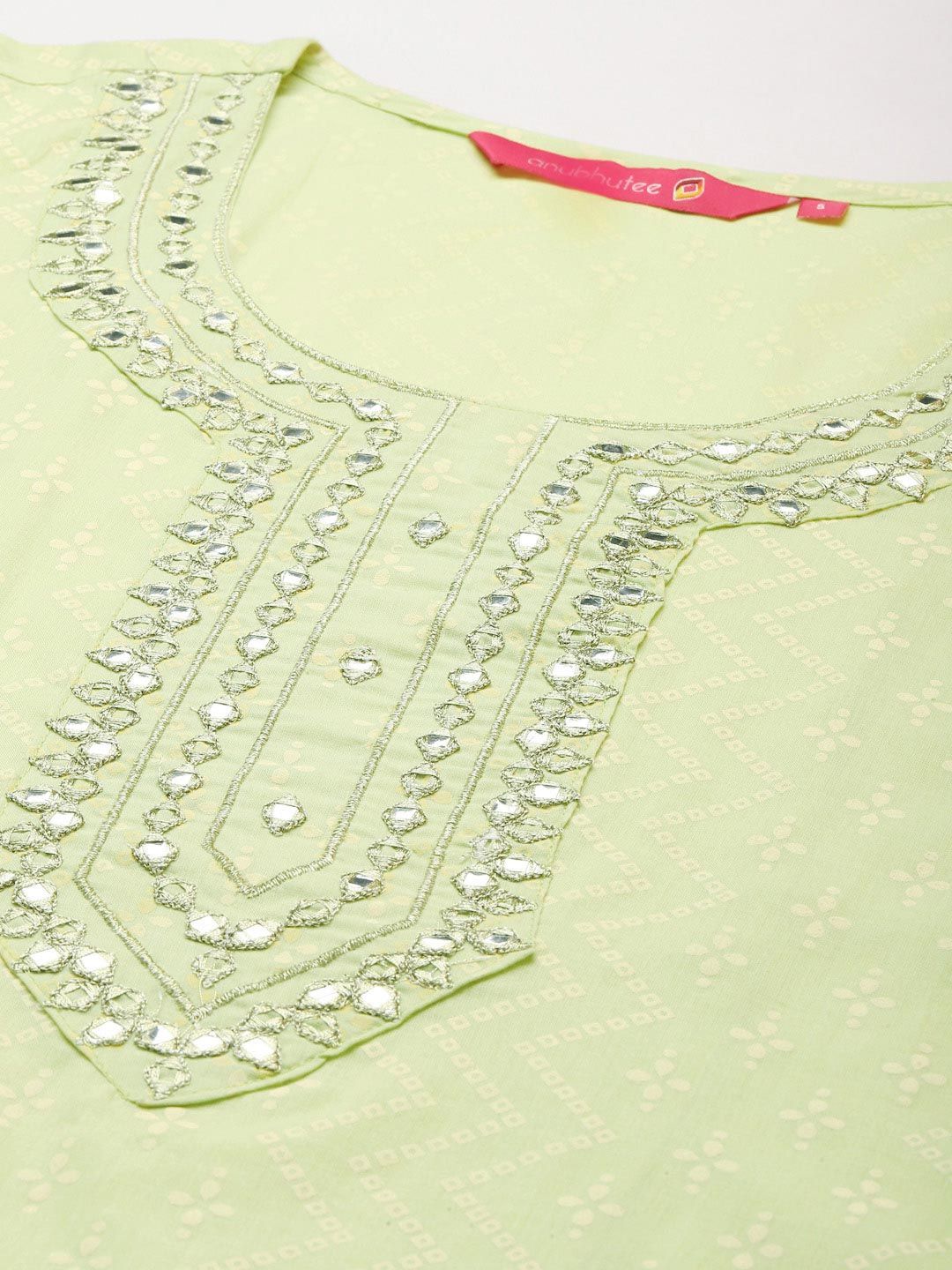 Anubhutee Women Green Pure Cotton Bandhani Print Mirror Work Kurta with Trousers & Dupatta